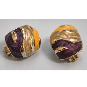 Vintage Enameled Clip On Earrings, Silver Gold Yellow Purple Green blc-46